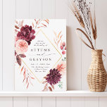 Najaar Romance Gold Lijst Burgundy Wedding Kaart<br><div class="desc">Deze trouwuitnodiging bevat een waterverf bloem van dahlias,  tuinlijke rozen,  en pony's in woedend rood,  maroon,  wazig roze over valbladeren met een faux gouden ruitvormig lijst. Voor meer geavanceerde aanpassing van dit ontwerp,  te klikken gelieve de BUTTON van het TOOL VAN HET ONTWERP BLAUW. Overeenkomende objecten zijn ook beschikbaar.</div>