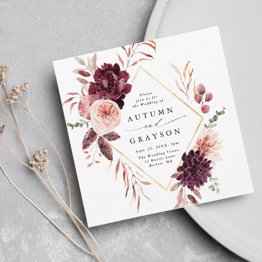 Najaar Romance Gold Lijst Burgundy Wedding Square Kaart