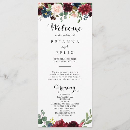 Najaar Rustic Burgundy Calligraphy Wedding Program Programmakaart (Voorkant)
