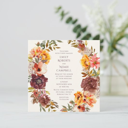 Najaar Rustic Plum Sinaasappel Floral Wedding Kaart (Staand voorkant)