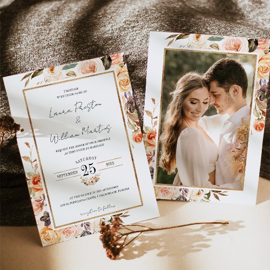 Najaar Terracotta Floral Gold Lijst Foto bruiloft Kaart