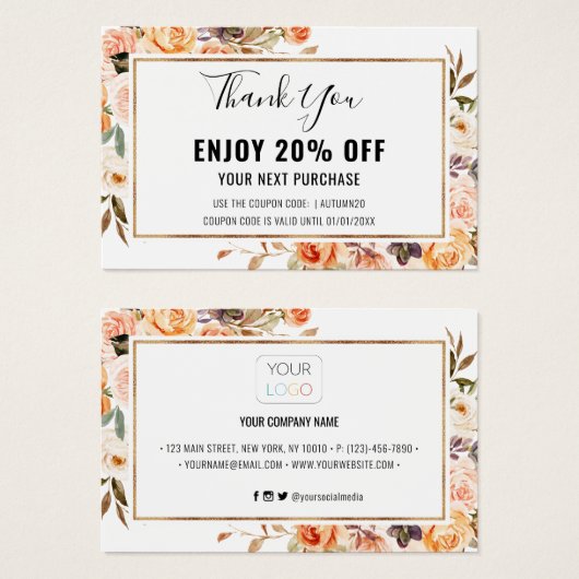 Najaar Terracotta Gold Floral Discount Coupon Kaar Visitekaartje (Voorkant /achterkant)