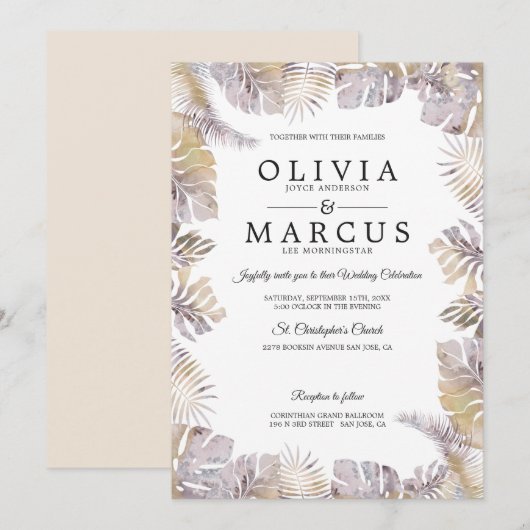 Najaar tropic Leaves Waterverf Wedding Mauve Gold Kaart (Voorkant / Achterkant)