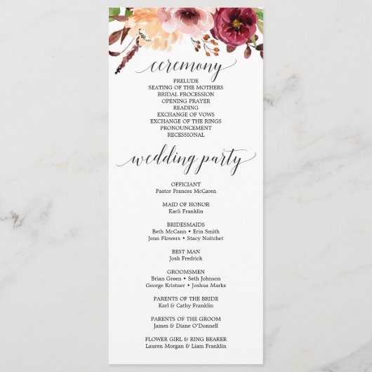 Najaar van het Bliss Wedding Programme Programmakaart (Achterkant)