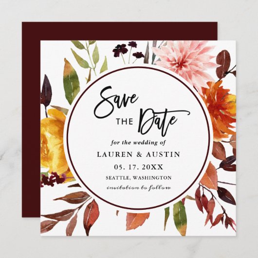 Najaar Waterverf bruiloft plein redt D Save The Date (Voorkant / Achterkant)