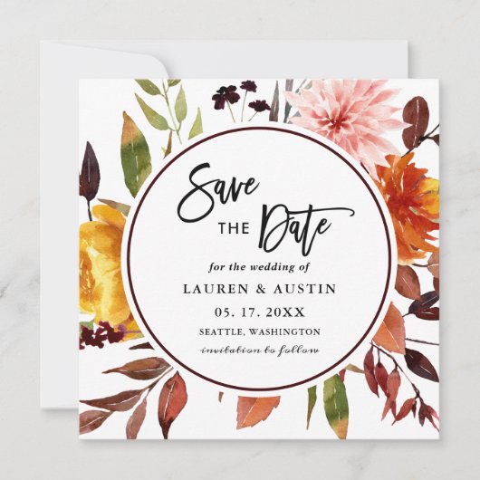 Najaar Waterverf bruiloft plein redt D Save The Date (Voorkant)