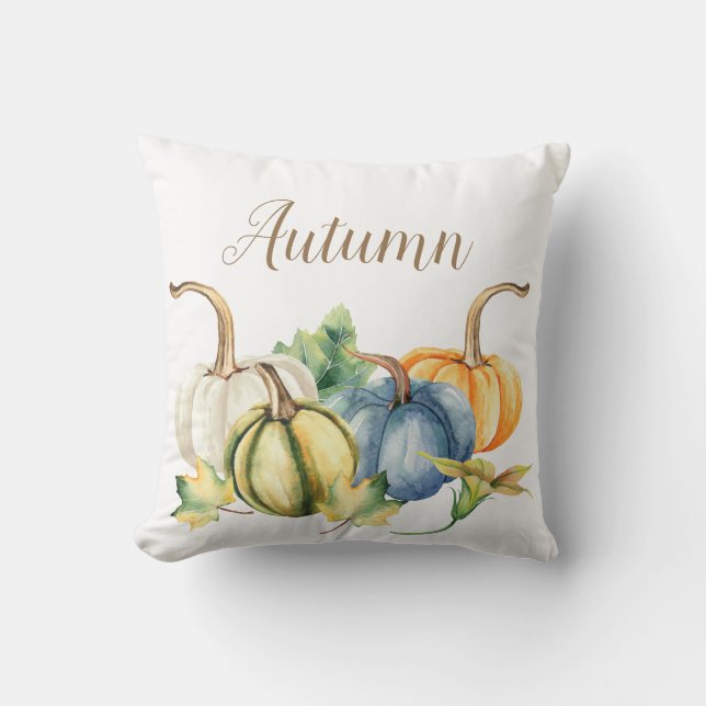 Najaar Waterverf Pumpkin Blue White Sinaasappel Gr Kussen (Voorkant)