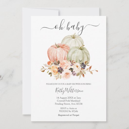 Najaar White Pumpkin Floral Baby shower Uitnodigin Kaart (Voorkant)