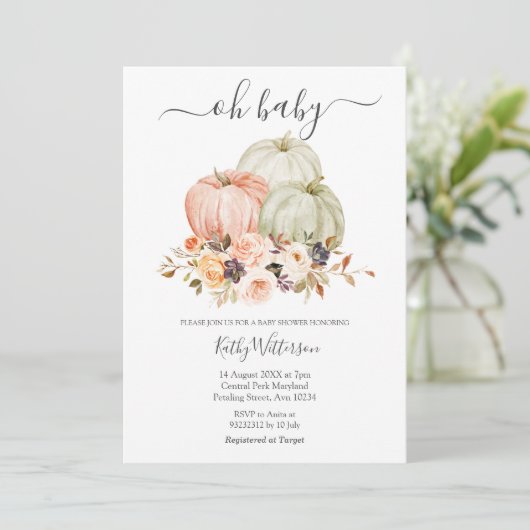 Najaar White Pumpkin Floral Baby shower Uitnodigin Kaart (Staand voorkant)