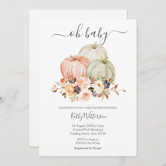 Najaar White Pumpkin Floral Baby shower Uitnodigin Kaart (Voorkant / Achterkant)