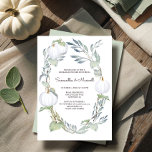 Najaar WHITE PUMPKIN Greenery Rehearsal Dinner Kaart<br><div class="desc">VG nodigt de herfstwitpompoen en de groene repetitie uit om te eten uit te zenden, biedt een frisse grove en pompoen die uw partijdetails lijsten. Een vleigroene kleur van de vlek past de rug van uw uitnodiging aan. Een bijtende maar verfijnde keuze voor Halloween, Thanksgiving en herfstrepetities. Ontworpen door: Victoria....</div>