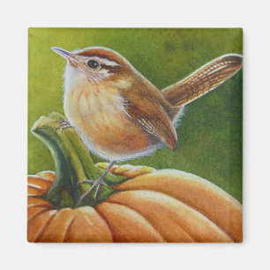 Najaar Wren Bird op Sinaasappel Pumpkin Waterverf  Magneet