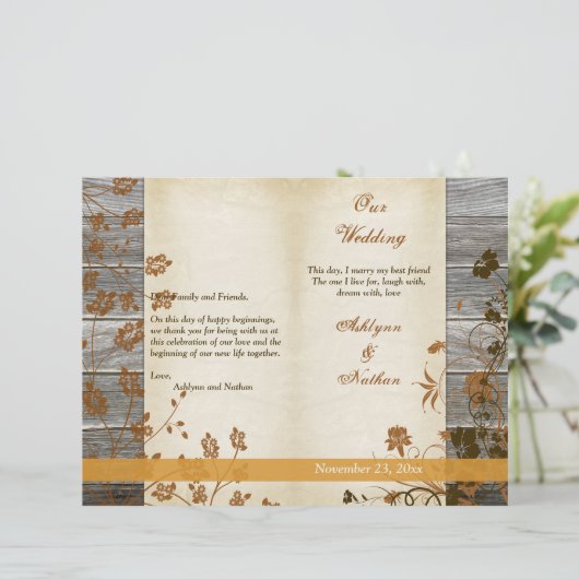 Najaarbloemen, FAUX Wood Wedding Program (Staand voorkant)