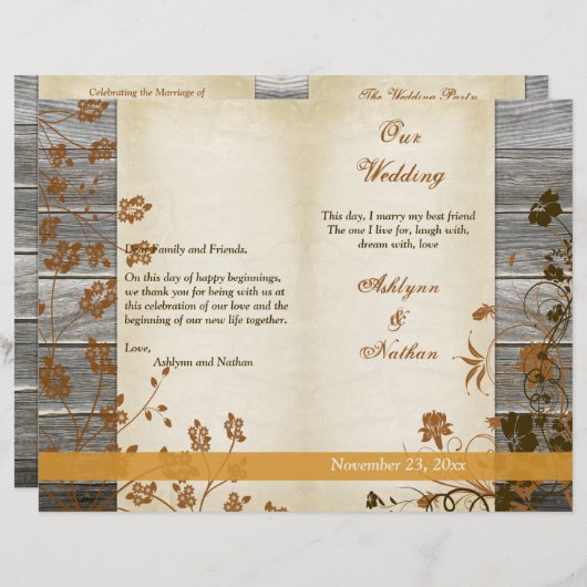 Najaarbloemen, FAUX Wood Wedding Program (Voorkant / Achterkant)
