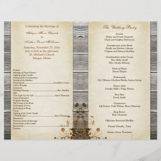 Najaarbloemen, FAUX Wood Wedding Program (Achterkant)