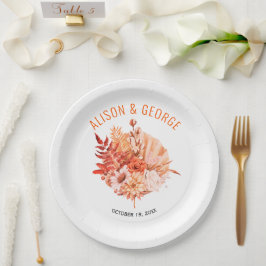 Najaarbloemen, oranje valbruiloft met palmblad papieren bordje