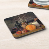 Najaardecorpties op tafel, pompoen, vruchten, Drin Bier Onderzetter (Linkerzijde)