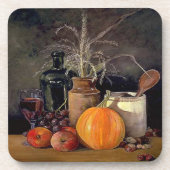 Najaardecorpties op tafel, pompoen, vruchten, Drin Bier Onderzetter (Voorkant)