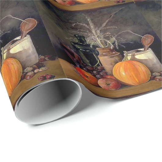 Najaardecorpties op tafel, pompoen, vruchten, Drin Cadeaupapier (Rol Hoek)