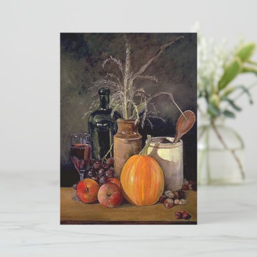 Najaardecorpties op tafel, pompoen, vruchten, Drin Kaart (Staand voorkant)