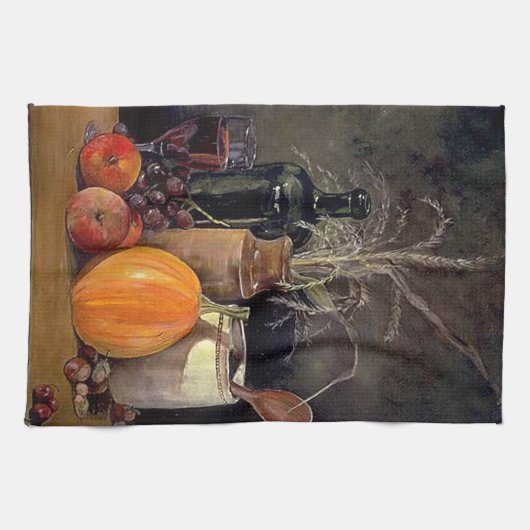 Najaardecorpties op tafel, pompoen, vruchten, Drin Theedoek (Horizontaal)