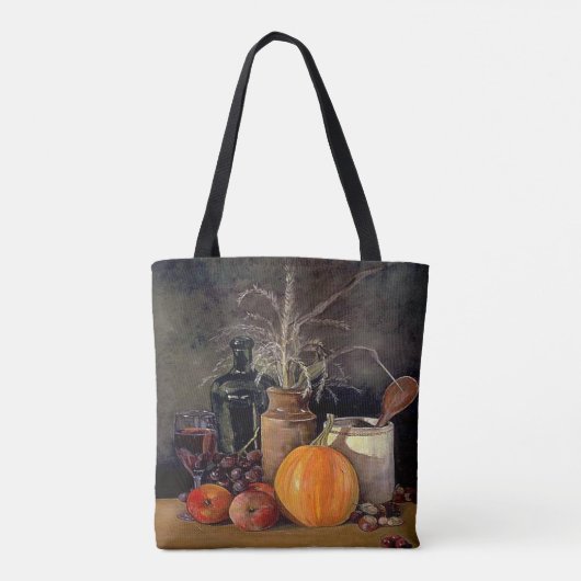 Najaardecorpties op tafel, pompoen, vruchten, Drin Tote Bag (Achterkant)