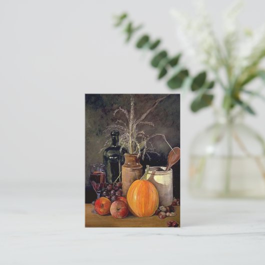 Najaardecorpties op tafel, pompoen, vruchten, Drin Visitekaartje (Staand voorkant)