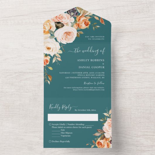 Najaargang Blauwgroen gouden bladeren bloal All In One Uitnodiging (Binnen)