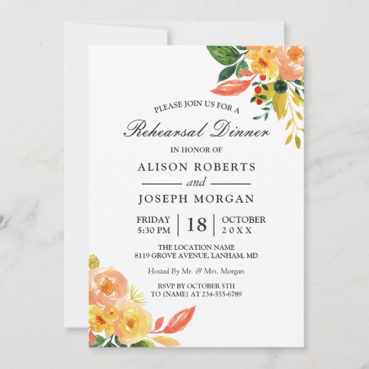Najaargang Floral Fall Wedding Rehearsal Dinner Kaart (Voorkant)