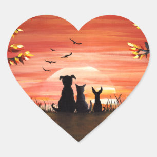 Najaargang Sunset Dog en Cat Herfst Hart Sticker