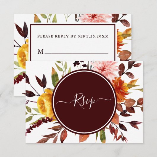 Najaargang Waterverf Burgundy Wedding RSVP Kaartje (Voorkant / Achterkant)