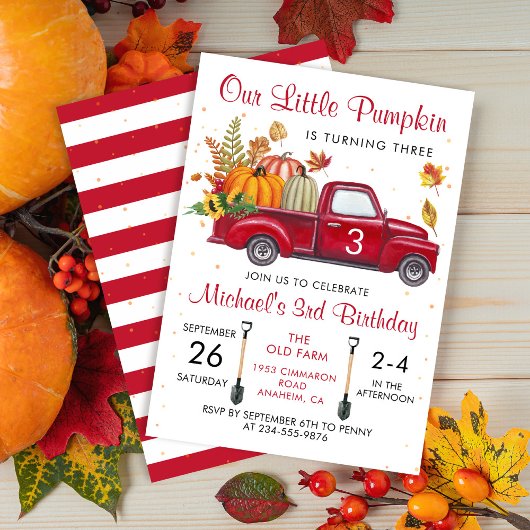 NajaarHerfst Pumpkin Leaves Red Truck Birthday Kaart