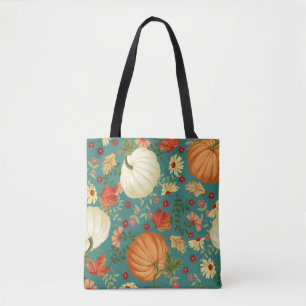 Najaarpompoenen met een blauwgroen achtergrondpatr tote bag