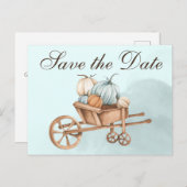 Najaars Blue Pumpkin Wheelbarrow Save the Date Briefkaart (Voorkant / Achterkant)
