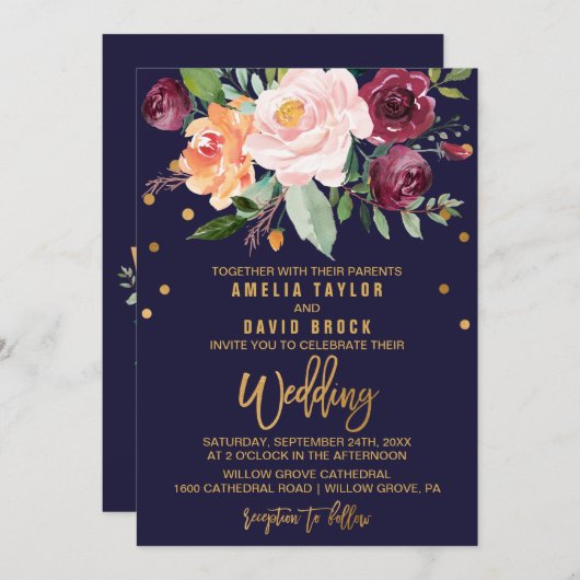 Najaars Floral met Typografie Backing Wedding Kaart (Voorkant / Achterkant)