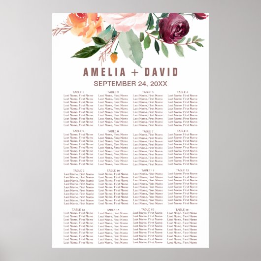 Najaars Floral Roos Gold Light Seating Chart Poster (Voorkant)