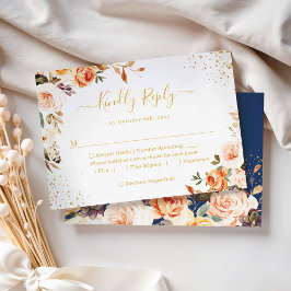 Najaars goudbladeren Floral Navy Blue Wedding RSVP Kaartje