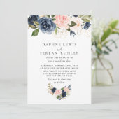Najaars goudblauwe roze Floral back & front Weddin Kaart (Staand voorkant)