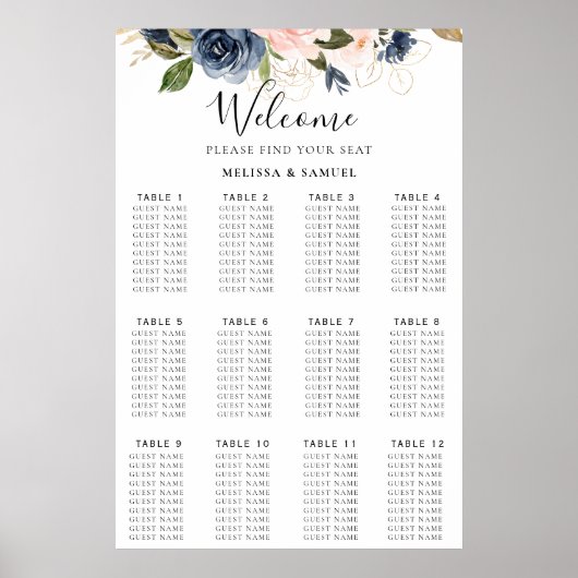 Najaars goudblauwe roze Floral Wedding Seding Char Poster (Voorkant)