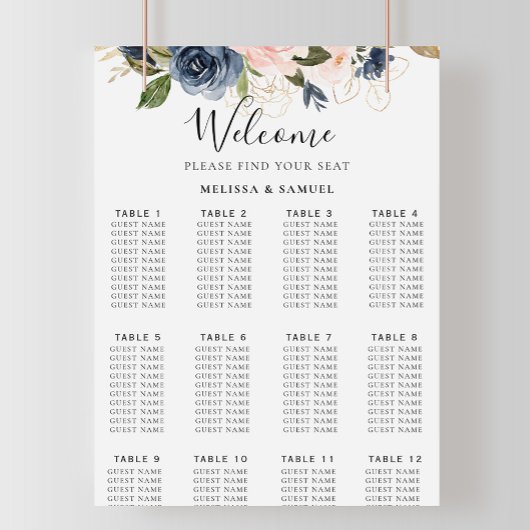 Najaars goudblauwe roze Floral Wedding Seding Char Poster