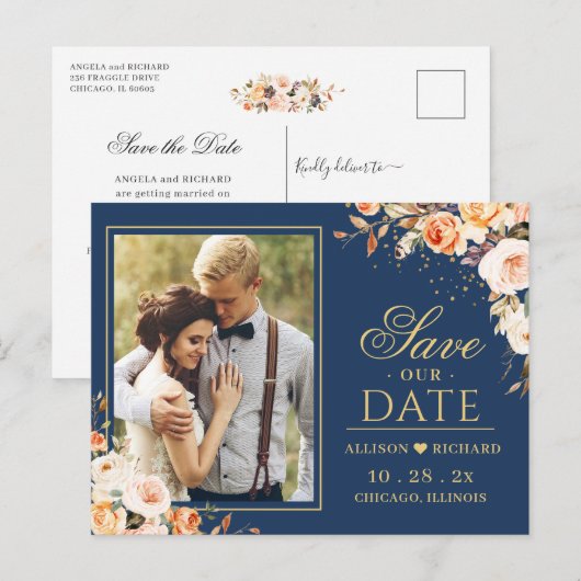 Najaars goudvlinder Blauwe foto Opslaan Datum Briefkaart (Voorkant / Achterkant)