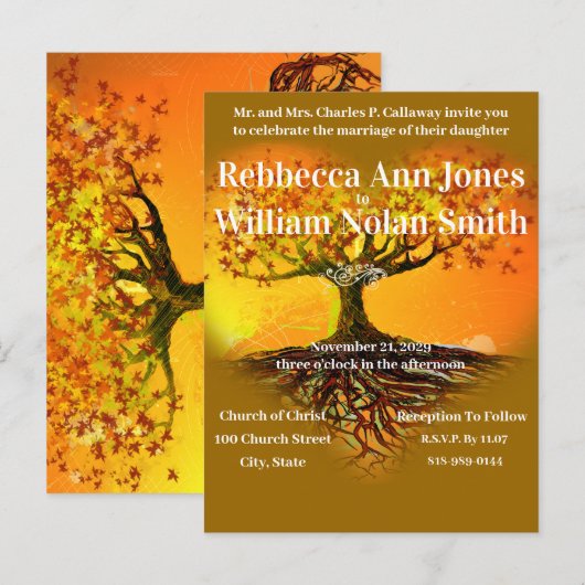 Najaars Herfst Earth Tones Romantic Tree Wedding Uitnodiging Briefkaart (Voorkant / Achterkant)