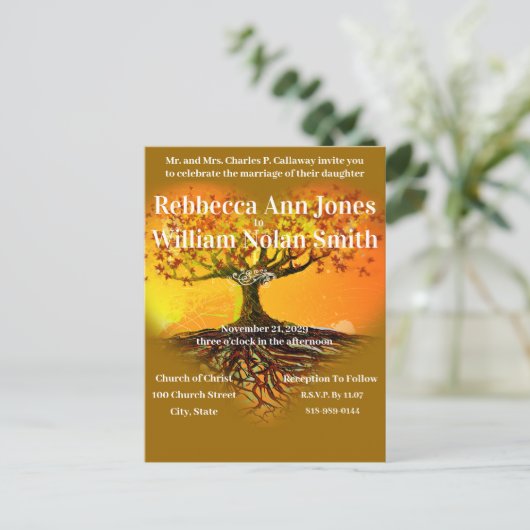 Najaars Herfst Earth Tones Romantic Tree Wedding Uitnodiging Briefkaart (Staand voorkant)