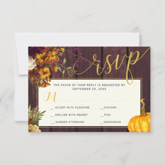 Najaars herfst rustic burgundy barnwood bruiloft RSVP kaartje (Voorkant)