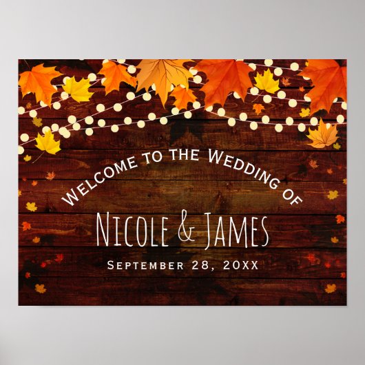 Najaars Herfst Rustic Wood & String Lights Wedding Poster (Voorkant)