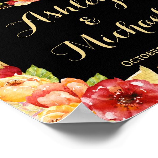 Najaars huwelijksreceptiebord Gold Floral Stripes Poster (Hoek)