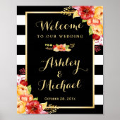 Najaars huwelijksreceptiebord Gold Floral Stripes Poster (Voorkant)