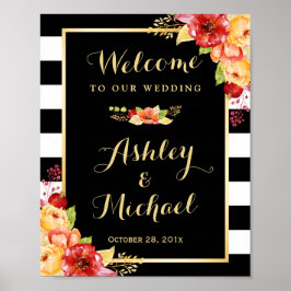 Najaars huwelijksreceptiebord Gold Floral Stripes Poster
