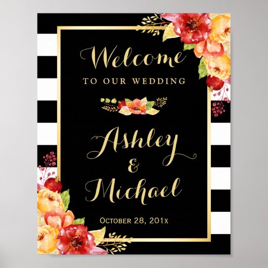 Najaars huwelijksreceptiebord Gold Floral Stripes Poster (Voorkant)