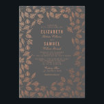 Najaars koper leves Gray Wedding Invitation Kaart<br><div class="desc">Pas deze Elegant Wedding Invitation aan,  die is ontworpen met whimsical faux koperherfstbladeren op donkergrijze achtergrond. Houd er rekening mee dat het koper een kleurenafdruk is en in feite geen metalen kleur of folie is. Alle andere overeenkomende objecten zijn te vinden in het Collectie Najaar Leaves Faux Copper Wedding.</div>